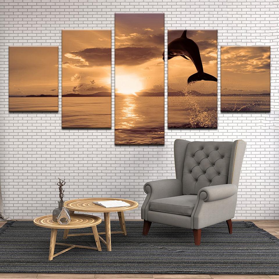 Dolphin Leaps Towards The Sunset 5 Panel Canvas Print Wall Art - GotItHere.com