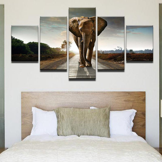 Elephant Walking Down The Road 5 Panel Canvas Print Wall Art - GotItHere.com