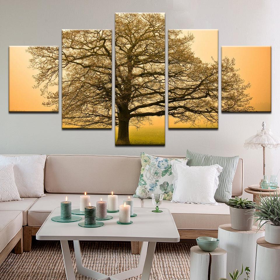 Oak Tree In Misty Morning Meadow 5 Panel Canvas Print Wall Art - GotItHere.com
