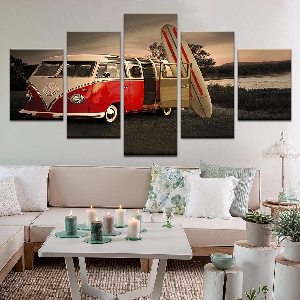 VW Volkswagen Van With Surfboard 5 Panel Canvas Print Wall Art - GotItHere.com