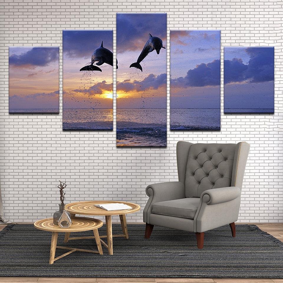 Dolphins Leap At Sunset 5 Panel Canvas Print Wall Art - GotItHere.com