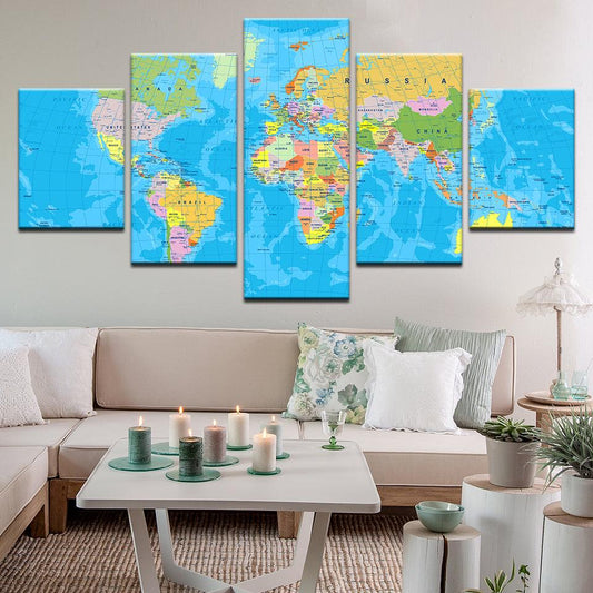 World Map 5 Panel Canvas Print Wall Art - GotItHere.com