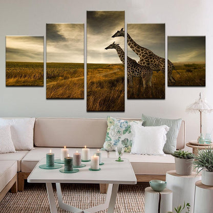 Giraffes On The Savannah 5 Panel Canvas Print Wall Art - GotItHere.com