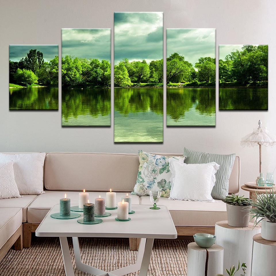 Green Trees Over Peaceful Pond 5 Panel Canvas Print Wall Art - GotItHere.com