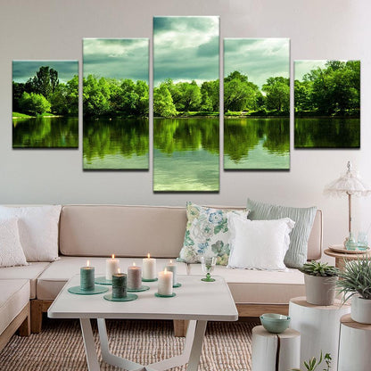 Green Trees Over Peaceful Pond 5 Panel Canvas Print Wall Art - GotItHere.com