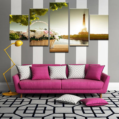 Eiffel Tower Flower Basket Paris 5 Panel Canvas Print Wall Art - GotItHere.com