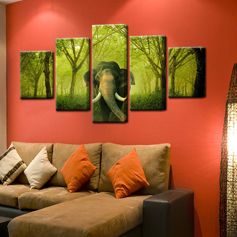 Elephant In The Forest 5 Panel Canvas Print Wall Art - GotItHere.com