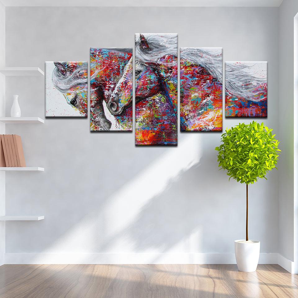 Abstract Colorful Horses 5 Panel Canvas Print Wall Art - GotItHere.com