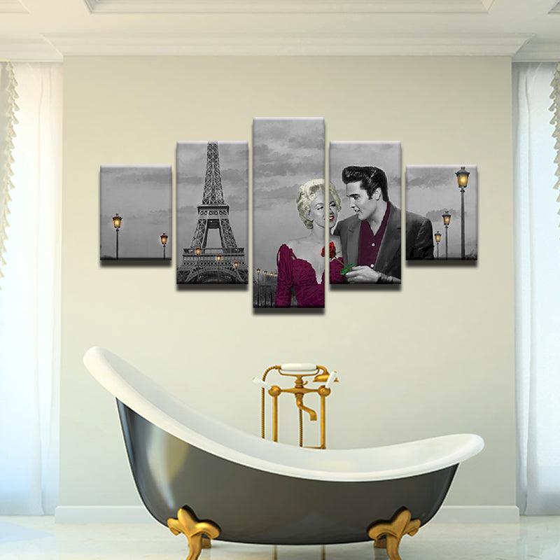 Elvis Presley Marilyn Monroe Eiffel Tower Paris Fantasy 5 Panel Canvas Print Wall Art - GotItHere.com