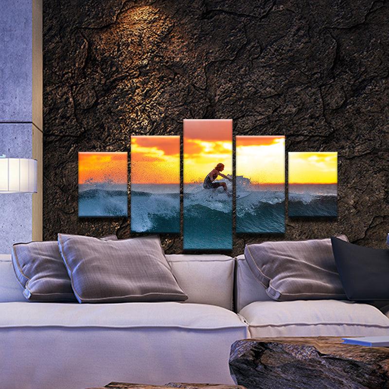 Surfer Surfing In The Surf At Sun Set 5 Panel Canvas Print Wall Art - GotItHere.com