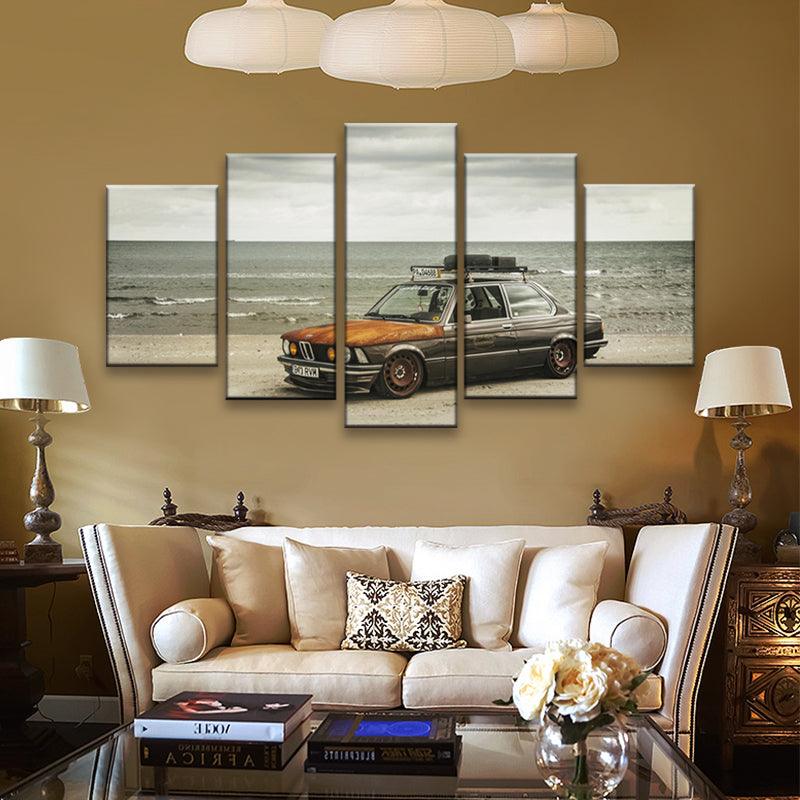 BMW 323i E21 On Beach 5 Panel Canvas Print Wall Art - GotItHere.com