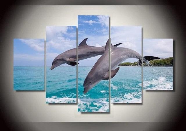 Dolphins Jumping 5 Panel Canvas Print Wall Art - GotItHere.com