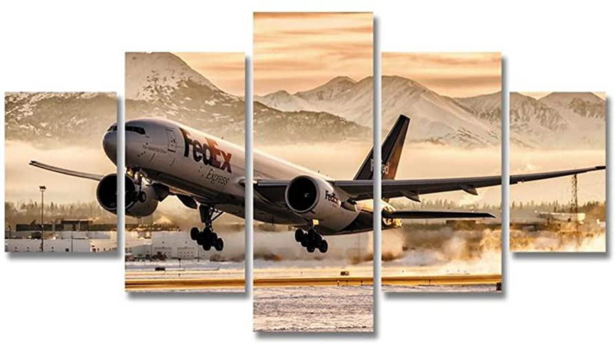 FedEx Boeing 777 Landing Morning Mountains 5 Panel Canvas Print Wall Art - GotItHere.com