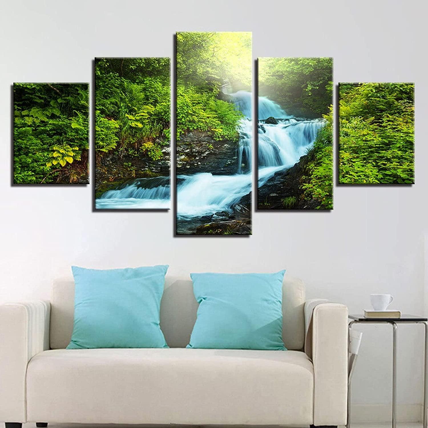 Tropical Rain Forest Waterfall 5 Panel Canvas Print Wall Art - GotItHere.com