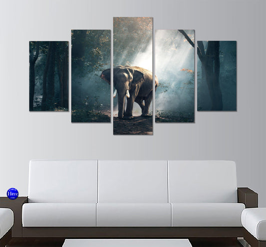 Asian Elephant In The Jungle 5 Panel Canvas Print Wall Art - GotItHere.com