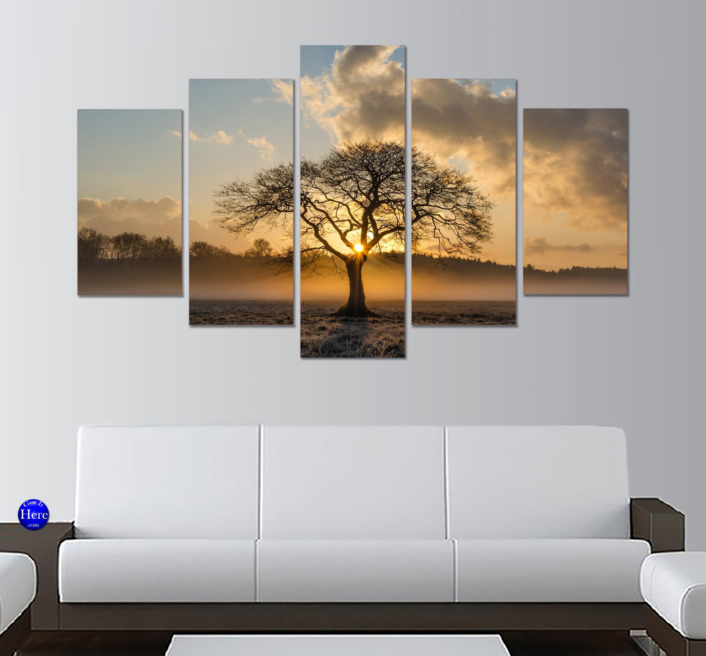 Autumn Tree In Misty Meadow 5 Panel Canvas Print Wall Art - GotItHere.com