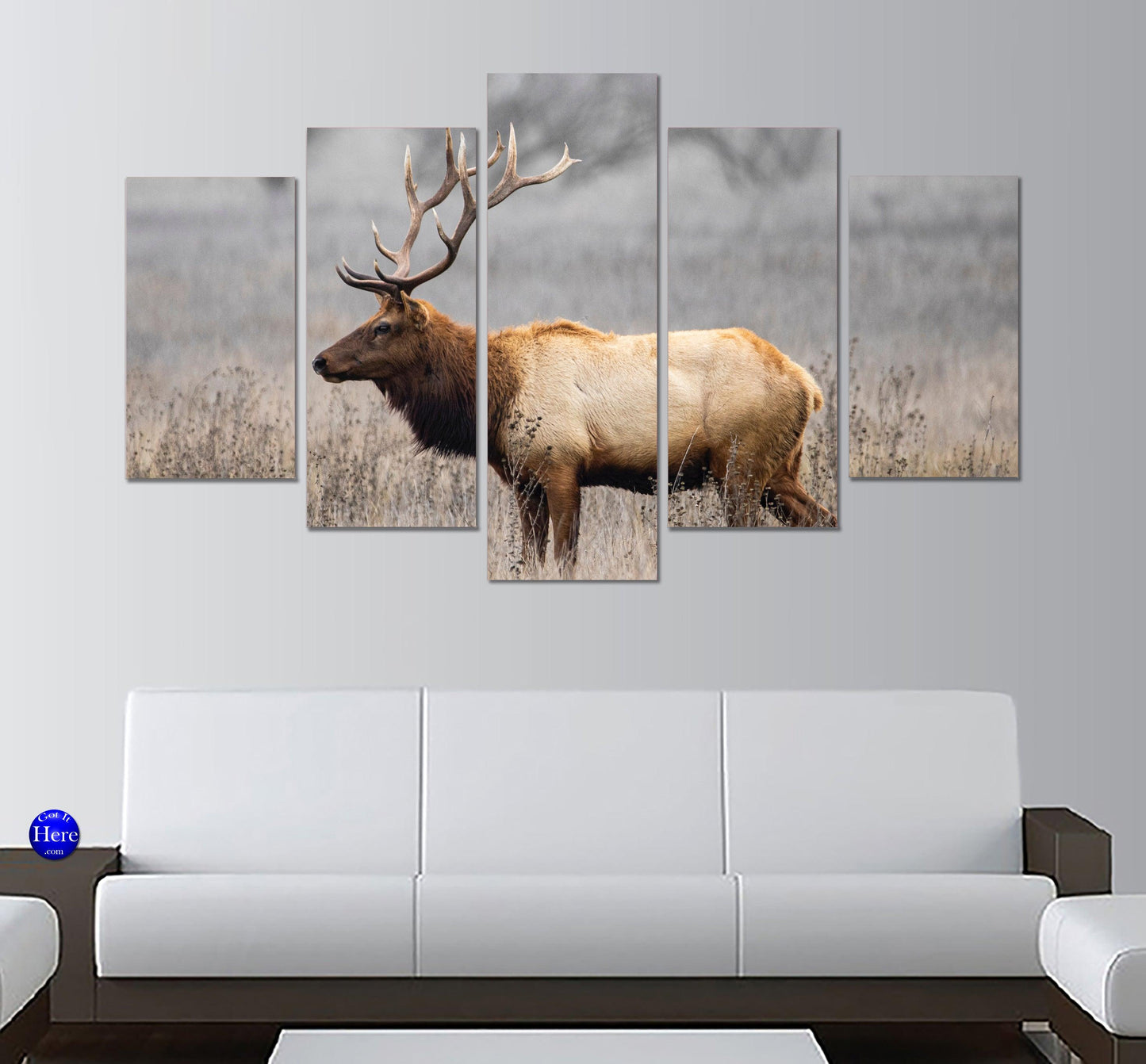 Big Stag with Massive Antlers Standing in Field 5 Panel Canvas Print Wall Art - GotItHere.com