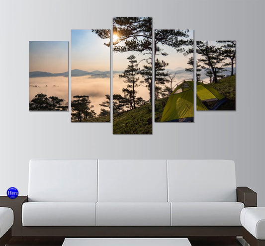 Camping On A Pine Hill Above The Clouds 5 Panel Canvas Print Wall Art - GotItHere.com
