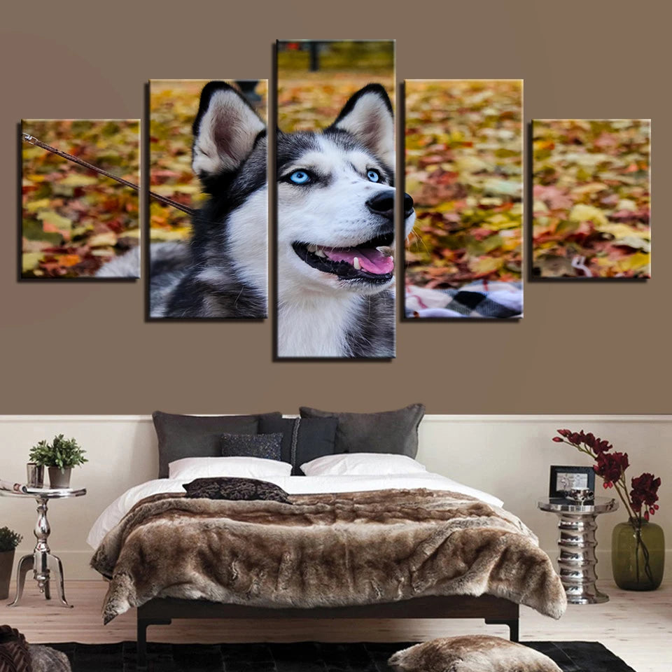 Siberian Husky In The Leaves 5 Panel Canvas Print Wall Art - GotItHere.com