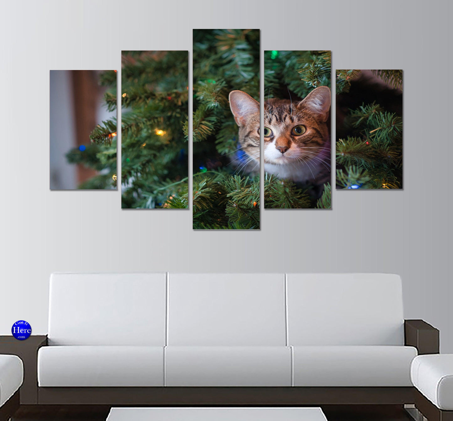 Cat In Christmas Tree Cute 5 Panel Canvas Print Wall Art - GotItHere.com