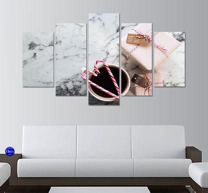 Ceramic Coffee Mug With Christmas Presents Candy Canes 5 Panel Canvas Print Wall Art - GotItHere.com