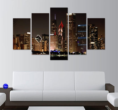 Chicago Night Skyline 5 Panel Canvas Print Wall Art - GotItHere.com
