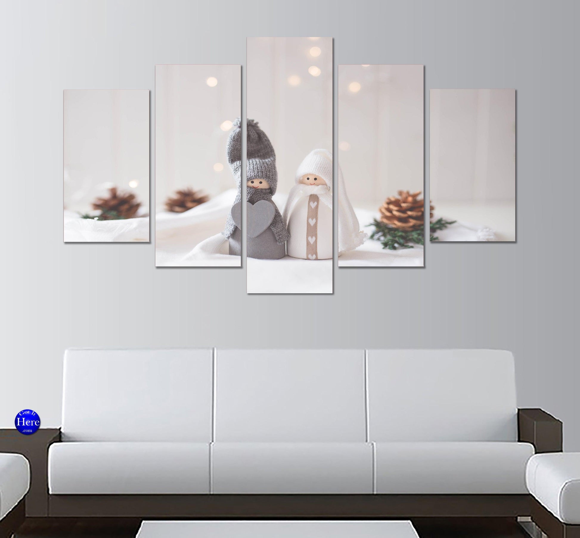 Christmas Figurines Couple In The Snow 5 Panel Canvas Print Wall Art - GotItHere.com