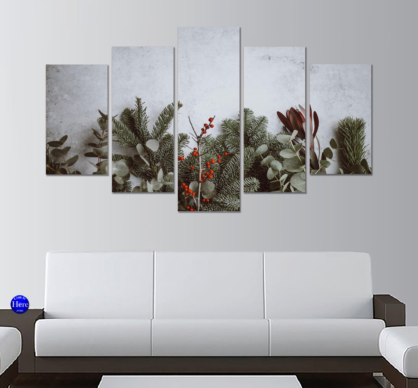 Christmas Scene - Pine, Eucalyptus, Berries 5 Panel Canvas Print Wall Art - GotItHere.com