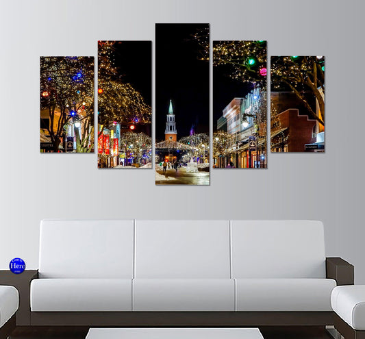 Church Christmas Decorations Main Street Small Town 5 Panel Canvas Print Wall Art - GotItHere.com