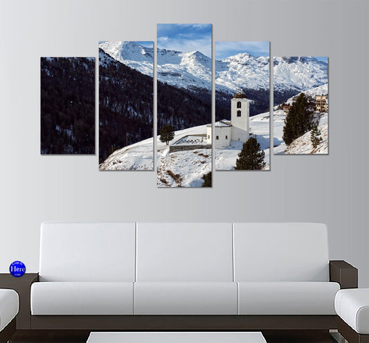 Church In The Mountains, Juf Avers Grisons Switzerland 5 Panel Canvas Print Wall Art - GotItHere.com