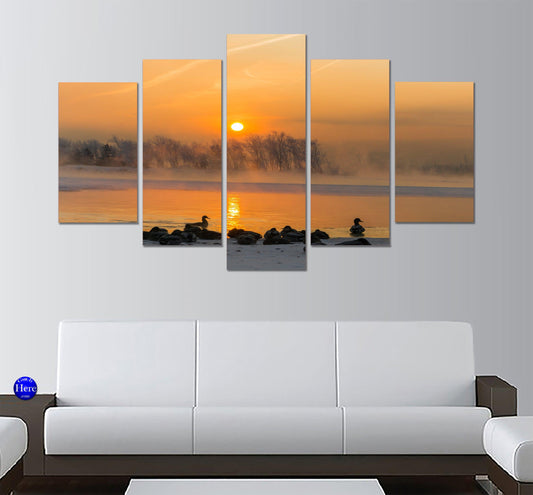Ducks On Winter Lake Sunset 5 Panel Canvas Print Wall Art - GotItHere.com