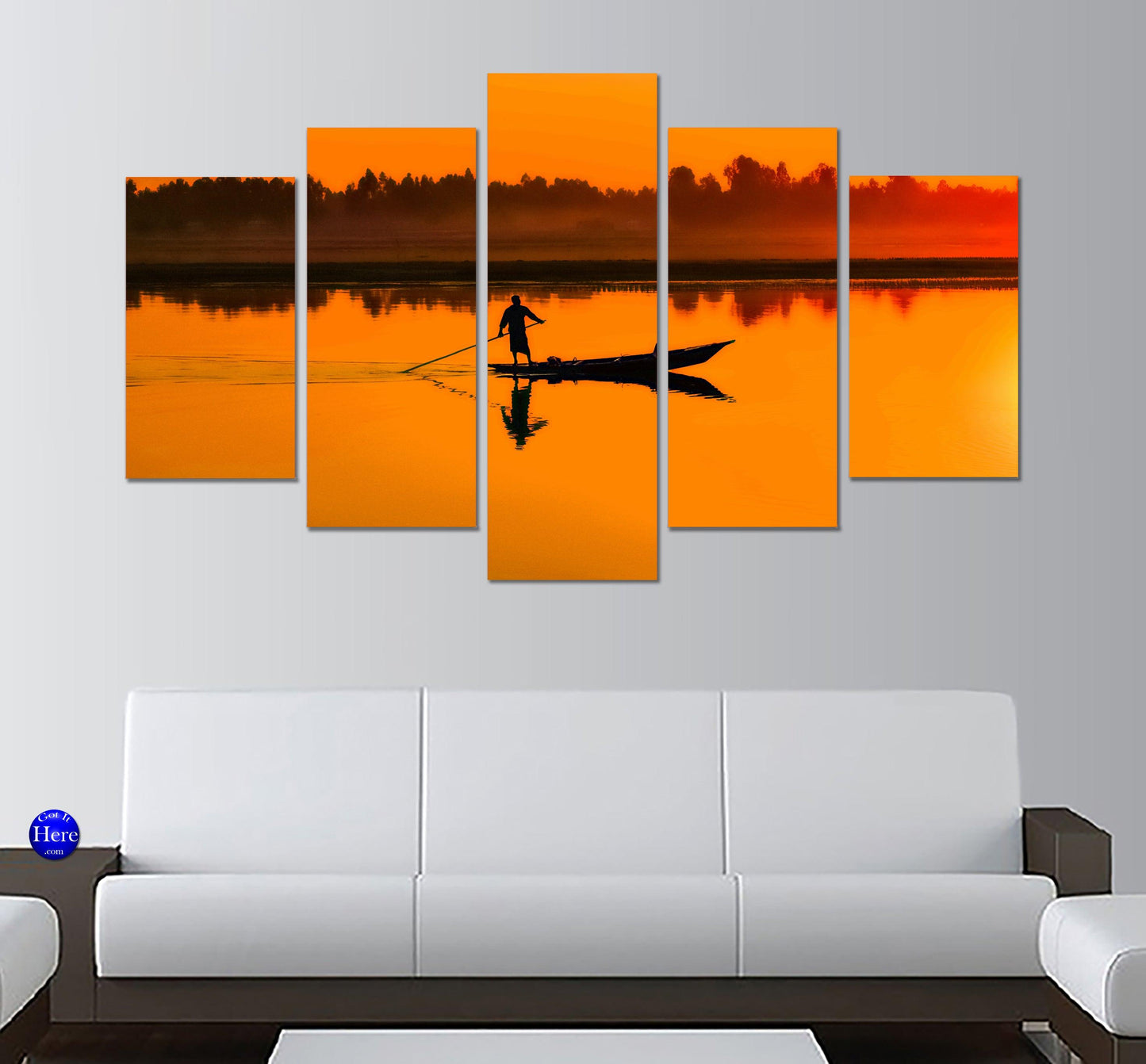 Fishing On Boat At Sunset On Lake 5 Panel Canvas Print Wall Art - GotItHere.com