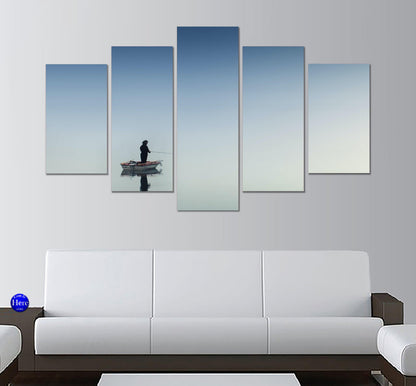Fishing On Quiet Dawn Misty Lake 5 Panel Canvas Print Wall Art - GotItHere.com