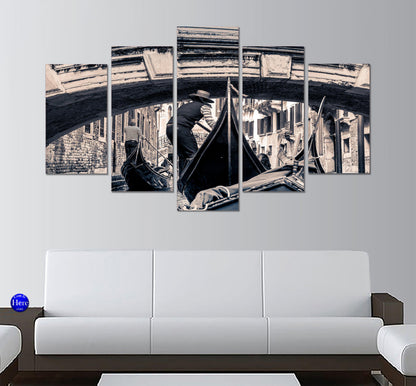 Gondolier Of Venice Grand Canal Bridge 5 Panel Canvas Print Wall Art - GotItHere.com