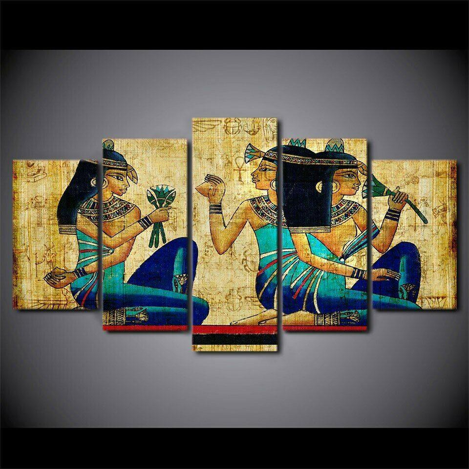 Egyptian Papyrus Painting Cleopatra Nefertiti 5 Panel Canvas Print Wall Art - GotItHere.com