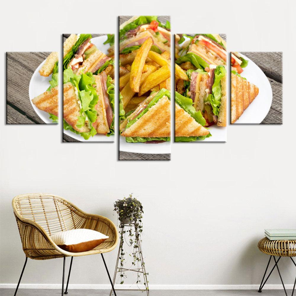 Deli Club Sandwich And French Fries 5 Panel Canvas Print Wall Art - GotItHere.com