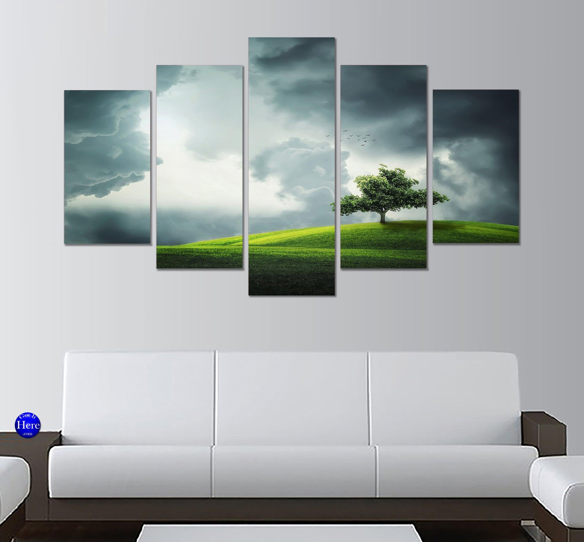 Lonely Tree On A Hill Summer Storm 5 Panel Canvas Print Wall Art - GotItHere.com