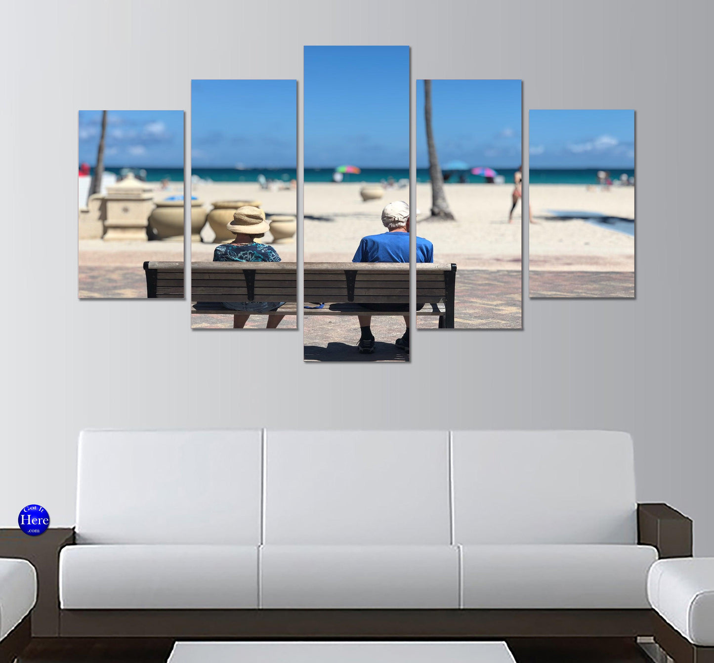 Man And Woman Sitting On Bench South Beach Miami Florida 5 Panel Canvas Print Wall Art - GotItHere.com