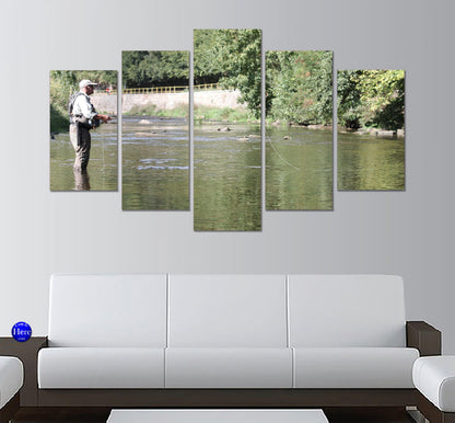 Man Flyfishing In Stream 5 Panel Canvas Print Wall Art - GotItHere.com