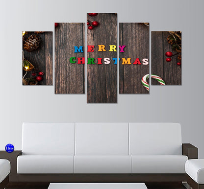 Merry Christmas Sign On Barn Wood 5 Panel Canvas Print Wall Art - GotItHere.com