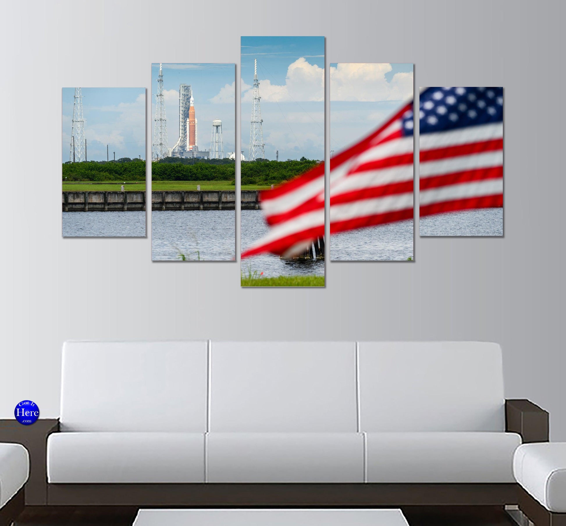 NASA's SLS Artemis I With Orion Behind American Flag 5 Panel Canvas Print Wall Art - GotItHere.com
