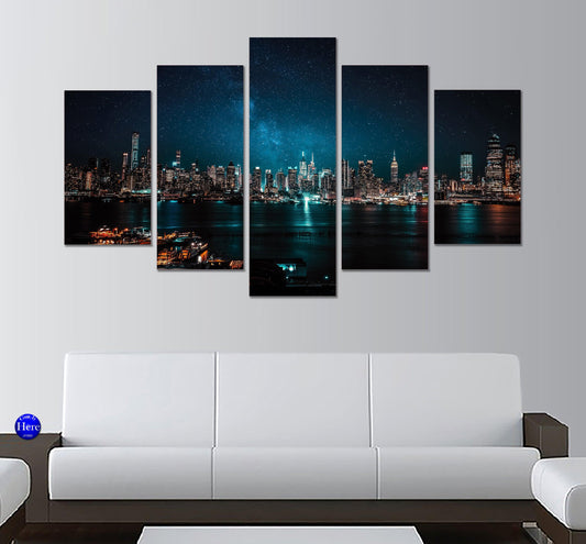 New York City Manhattan Skyline At Night 5 Panel Canvas Print Wall Art - GotItHere.com