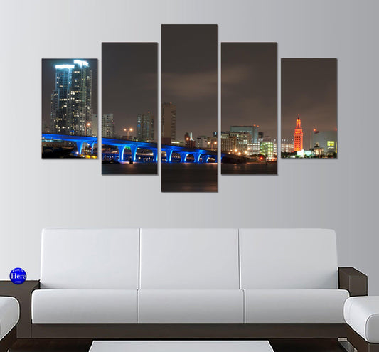 Nighttime High Rise Buildings Bridge Miami Florida 5 Panel Canvas Print Wall Art - GotItHere.com