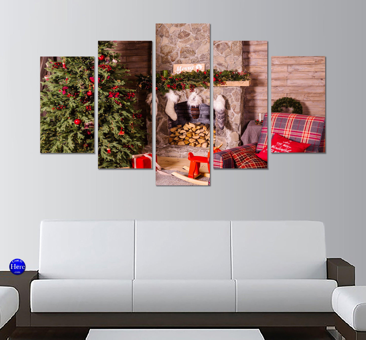 Presents Under Christmas Tree Near Fireplace 5 Panel Canvas Print Wall Art - GotItHere.com