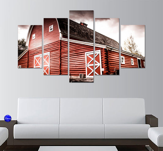 Red Barn Stylized Black And White Background 5 Panel Canvas Print Wall Art - GotItHere.com