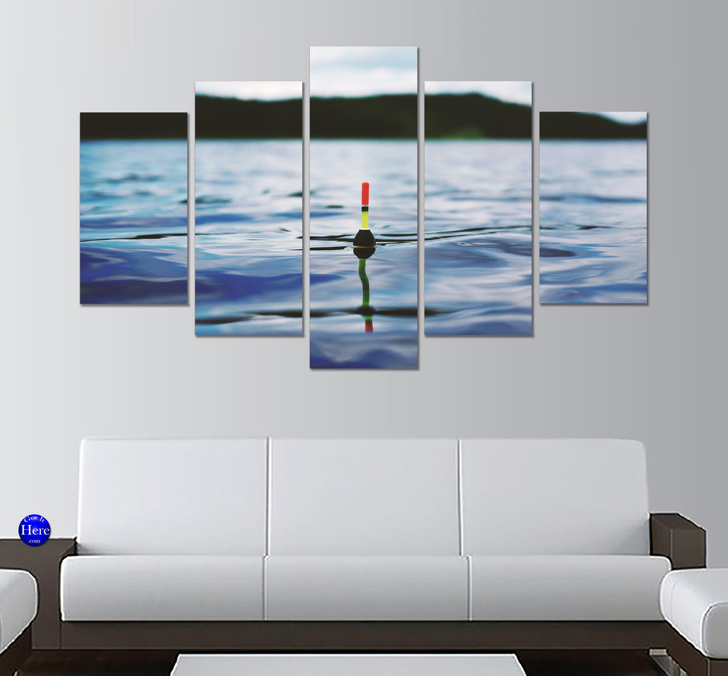 Red Yellow and Black Bobber On Lake At Dawn 5 Panel Canvas Print Wall Art - GotItHere.com