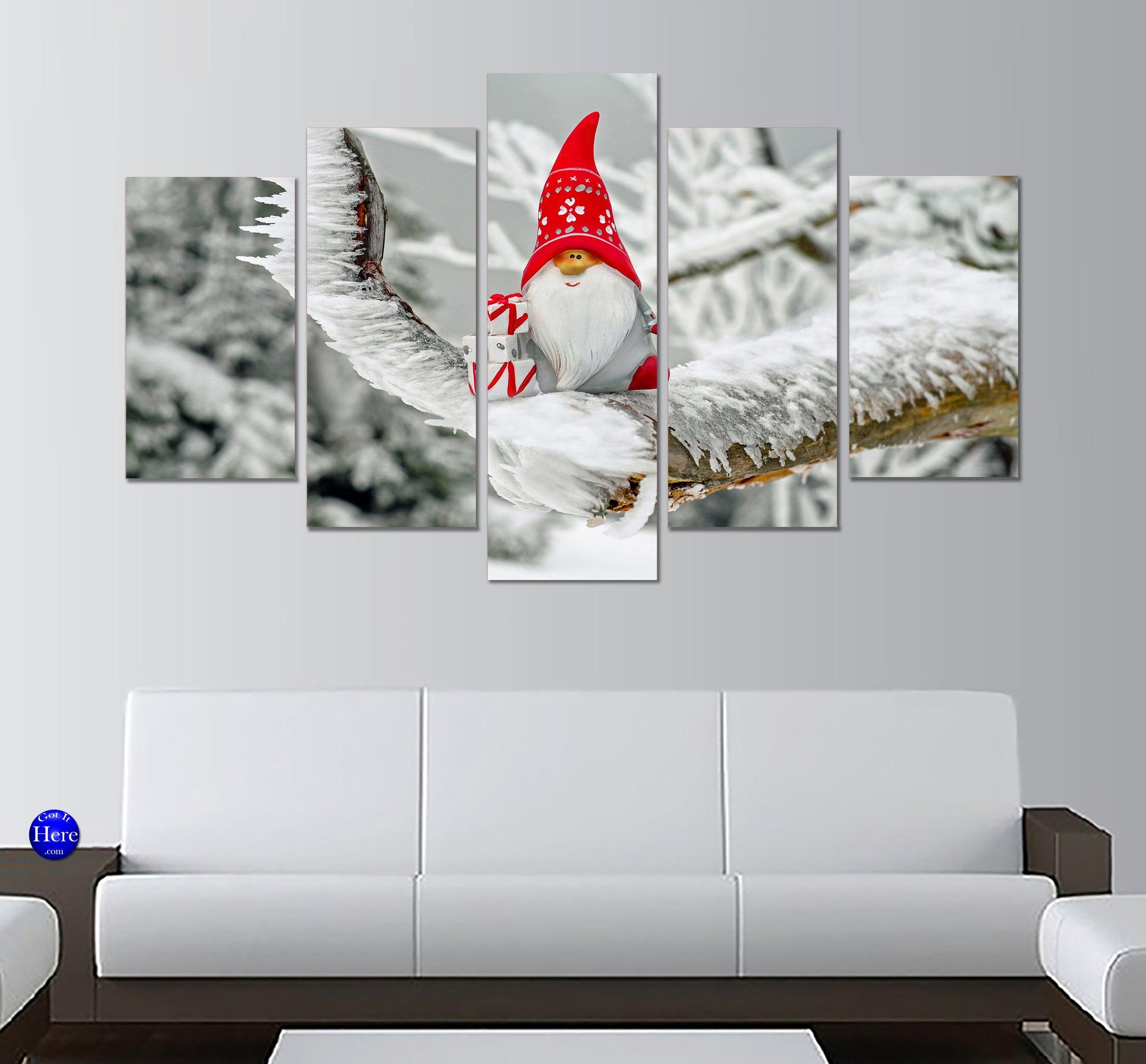 Santa Gnome Christmas Elf On Snow Covered Branch 5 Panel Canvas Print Wall Art - GotItHere.com