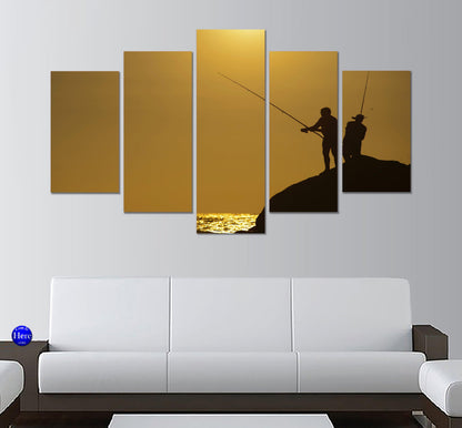 Silhouette Fisherman Standing On Rocks 5 Panel Canvas Print Wall Art - GotItHere.com