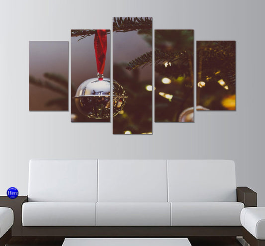 Silver Christmas Bell Decoration On Tree 5 Panel Canvas Print Wall Art - GotItHere.com
