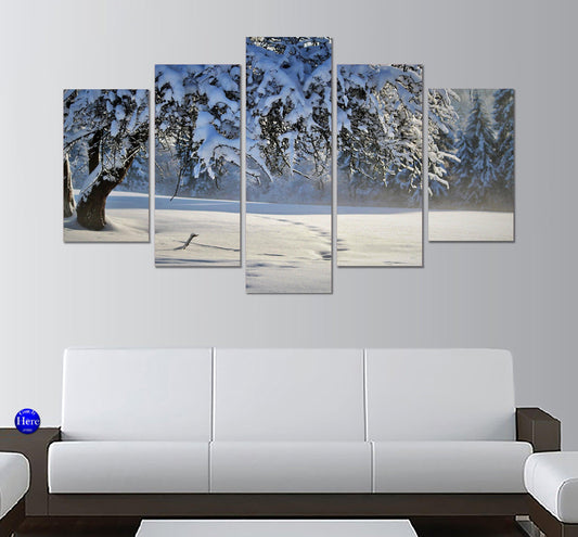 Snow And Frost Covered Tree In Meadow Winter Christmas 5 Panel Canvas Print Wall Art - GotItHere.com